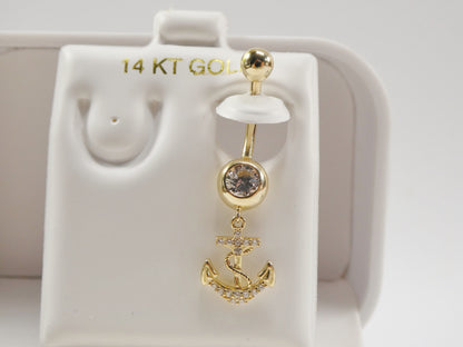 14k Real Solid Yellow Gold Dangling Anchor Belly Button Ring Piercing