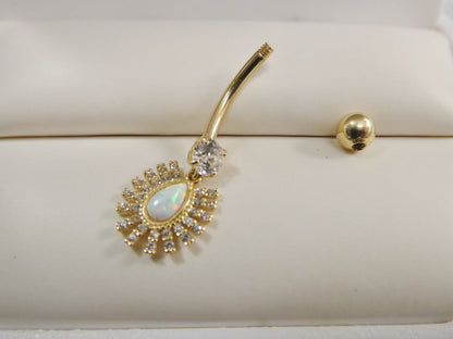 14k Real Solid Yellow Gold Dangling Barbell Opal Belly Button Ring Piercing