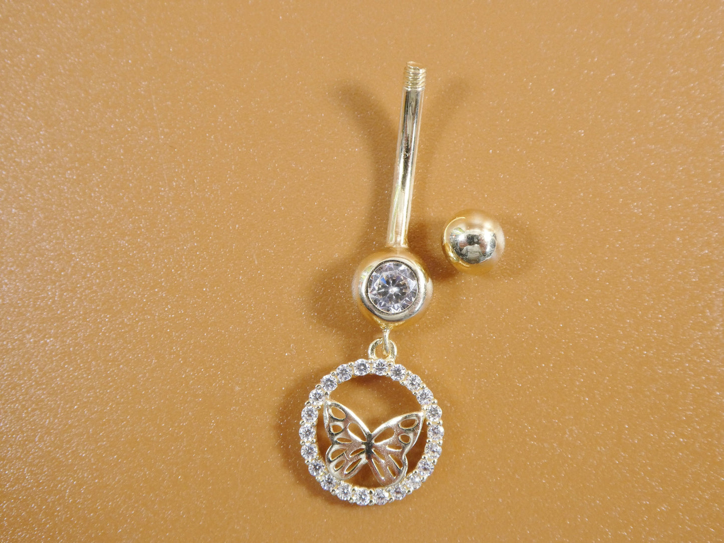 14k real solid yellow gold dangling circle butterfly belly button ring piercing