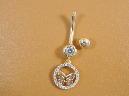 14k Real Solid Yellow Gold Dangling Circle Butterfly Belly Button Ring Piercing