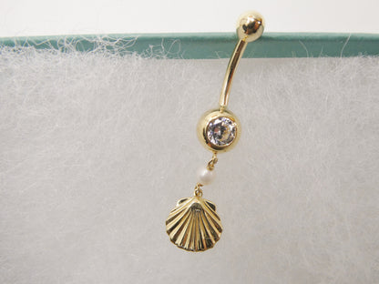 14k Real Solid Yellow Gold Mother of Pearl Turtle Belly Button Ring Piercing
