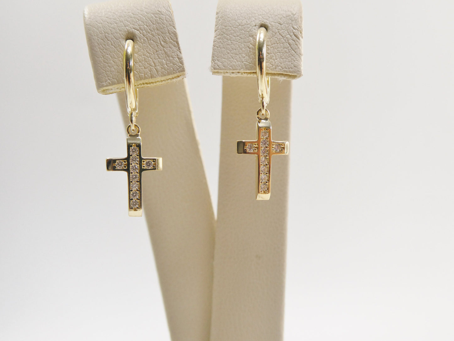 10k real solid yellow gold 1.5mm stone setting cross dangle on plain huggie hoop fancy earrings