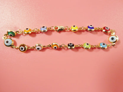 Real 14k Sold Yellow Gold 6 Inch Evil Eye Multi Color Adjustable Baby Bracelet