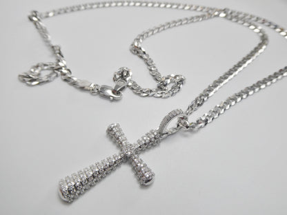 Real 925 Sterling Silver 22 Inch Flat Chain and Moissanite Cross Pendent Charm