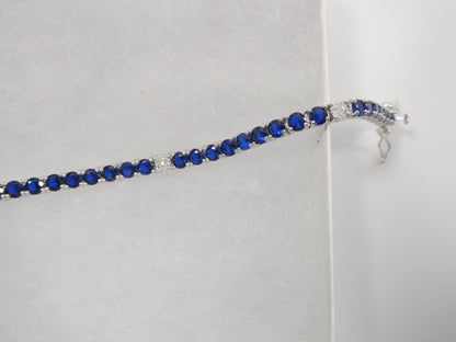 Real 925 Sterling Silver Sapphire Spinel Tennis Bracelet Box Lock Clasp