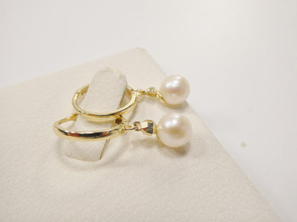 Real 10k Solid Yellow Gold Cultured Freshwater Pearl Hoop Huggie Earrings