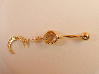 14k Real Solid Yellow Gold Dangling Moon Belly Button Ring Piercing