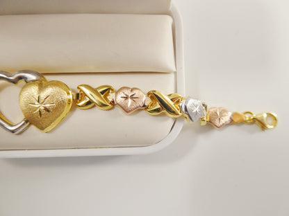 Real 925 Sterling Silver Double Heart xo Heart Tri Color Set Necklace And Bracelet