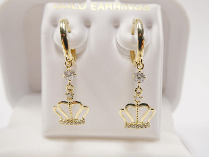 Real 10k Solid Yellow Gold Crown Hoop Huggie Earring