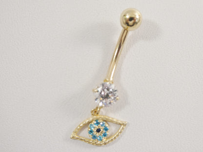 14k Real Solid Yellow Gold Evil Eye Dangling Belly Button Ring Piercing