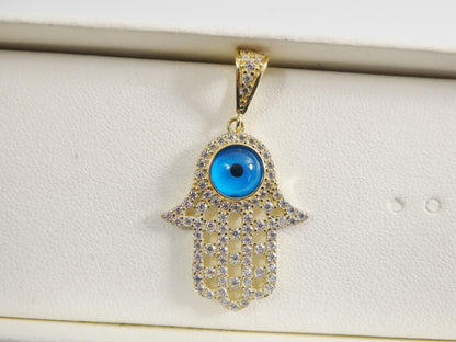 14k Real Solid Yellow Gold Full Stone Setting Evil Eye Hamsa Charm Pendent