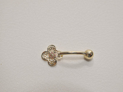 14k Real Solid Yellow Gold Flower Belly Button Ring Piercing