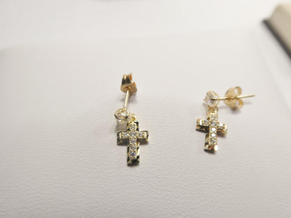 Real 10k Solid Yellow Gold Cross Dropping Push Post Earrings