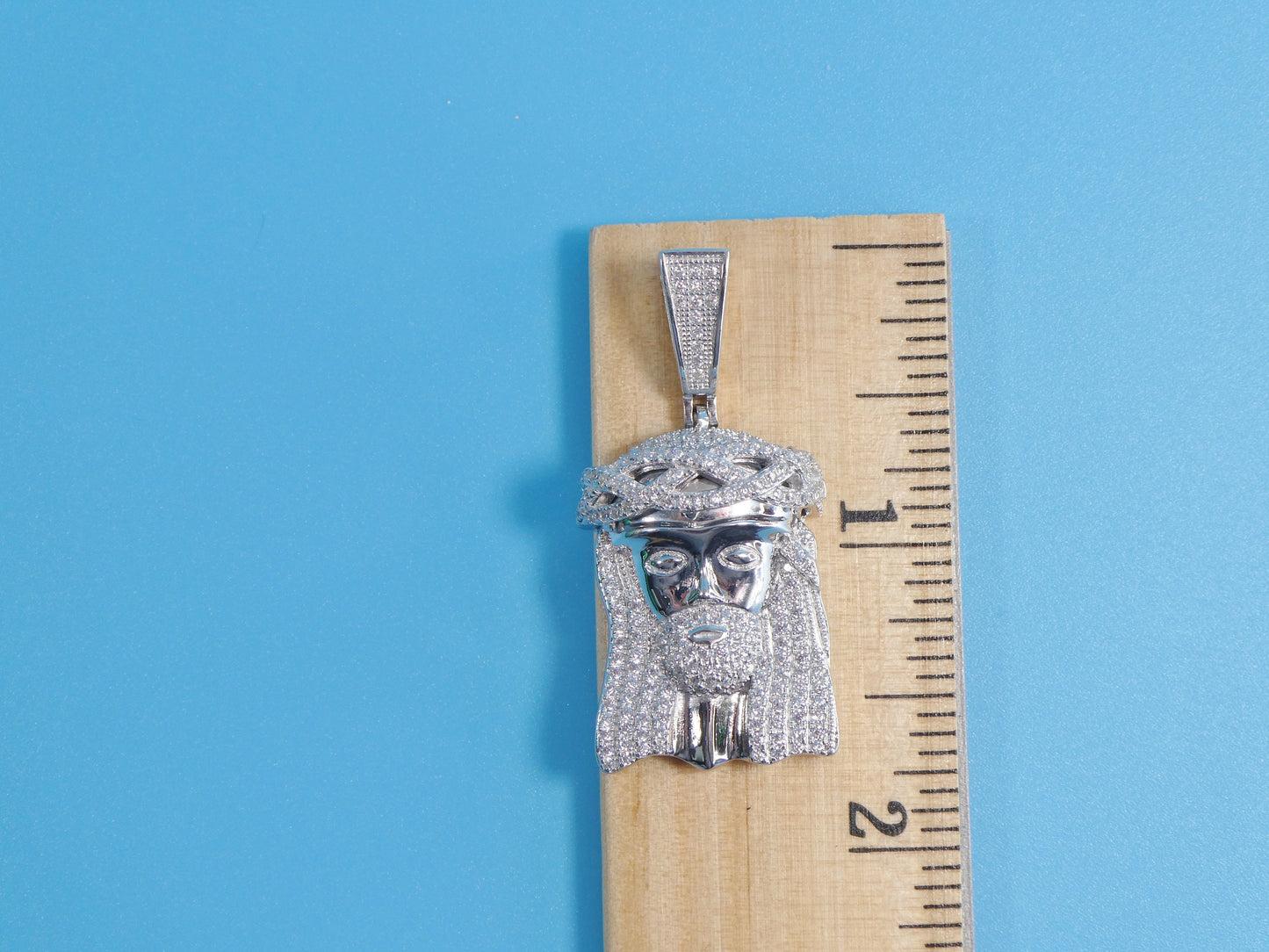 14k white gold color tone chain and large Jesus face charm pendent over real 925 sterling silver