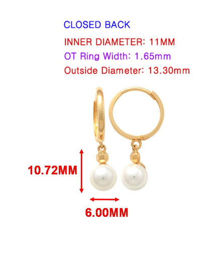 Real 10k Solid Yellow Gold Cultured Freshwater Pearl Hoop Huggie Earrings