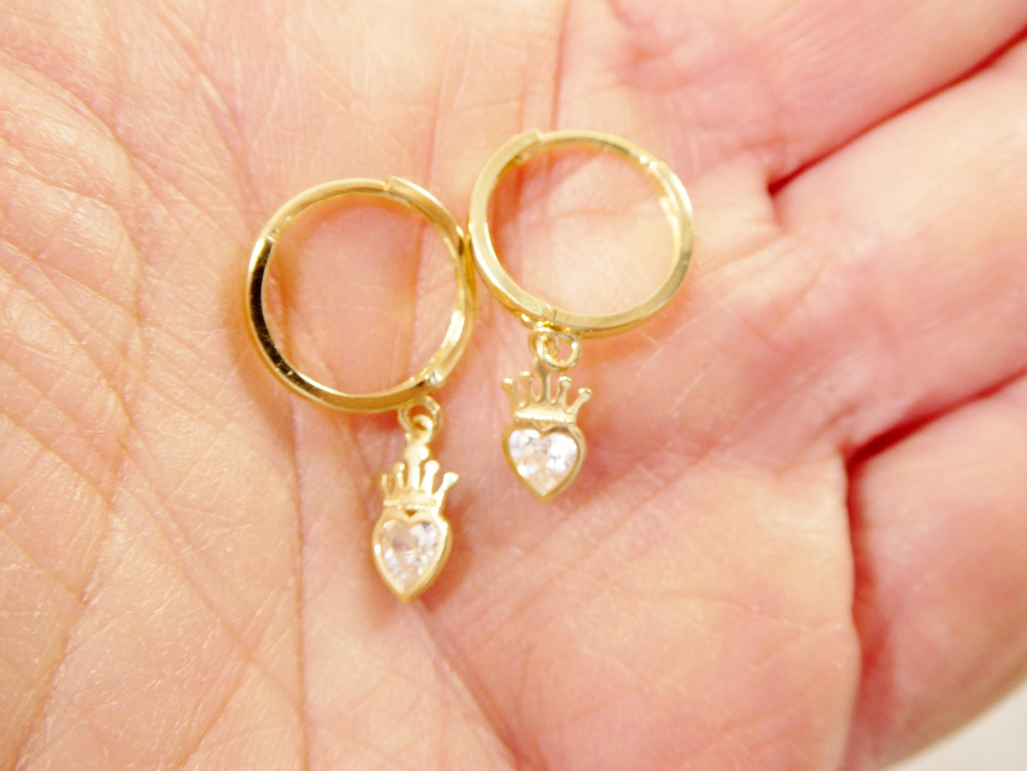 real 10k solid yellow gold crown hoop huggie earrings