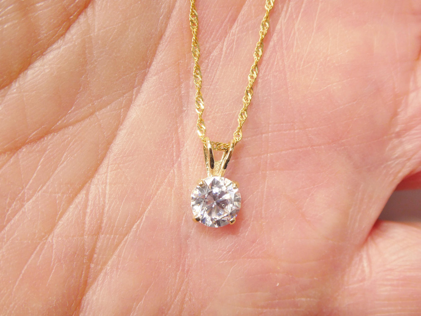 10k real solid yellow gold 16 inch chain and round stone solitaire pendent set
