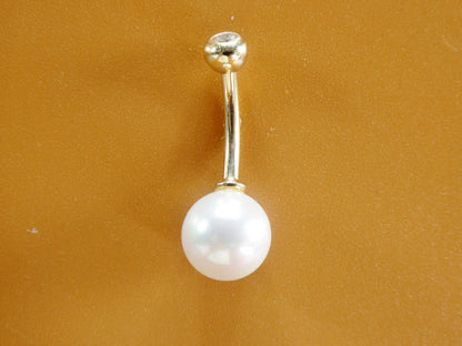 14k Real Solid Yellow Gold Freshwater Pearl Belly Button Ring Piercing