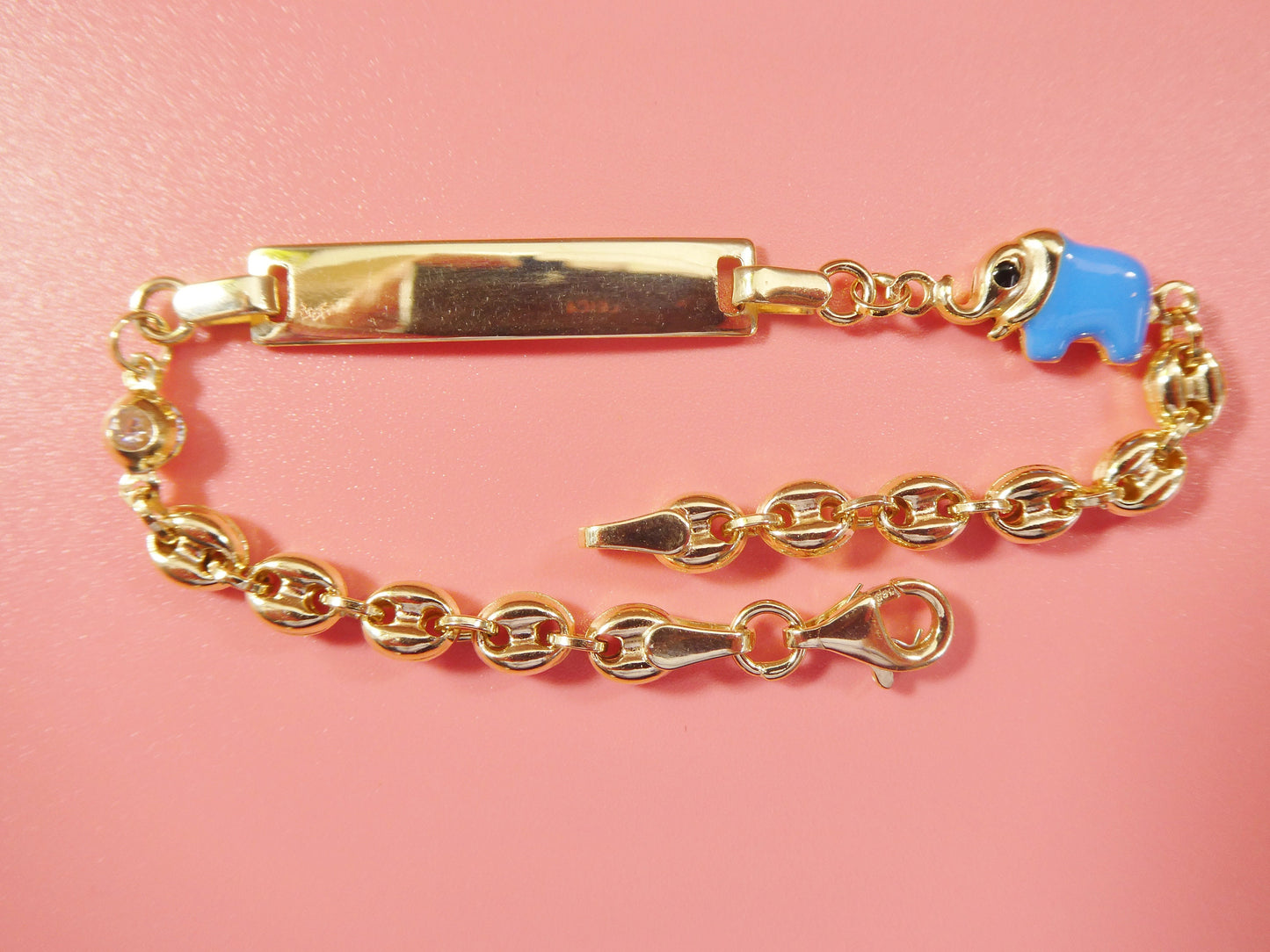 14k Yellow Gold Baby ID Bracelet: Enamel Elephant Mariner Chain, 6 Inch