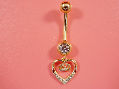 14k Real Solid Yellow Gold Dangling Crown Heart Belly Button Ring Piercing