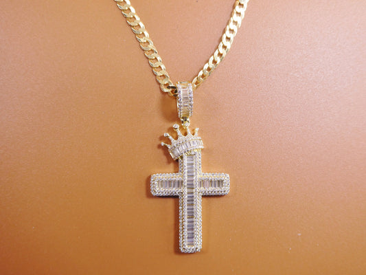 14k Yellow Gold Color Tone Chain and Cross Charm Pendent Over Real 925 Sterling Silver