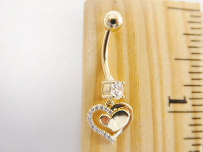 14k Real Solid Yellow Gold Heart Dangling Belly Button Ring Piercing