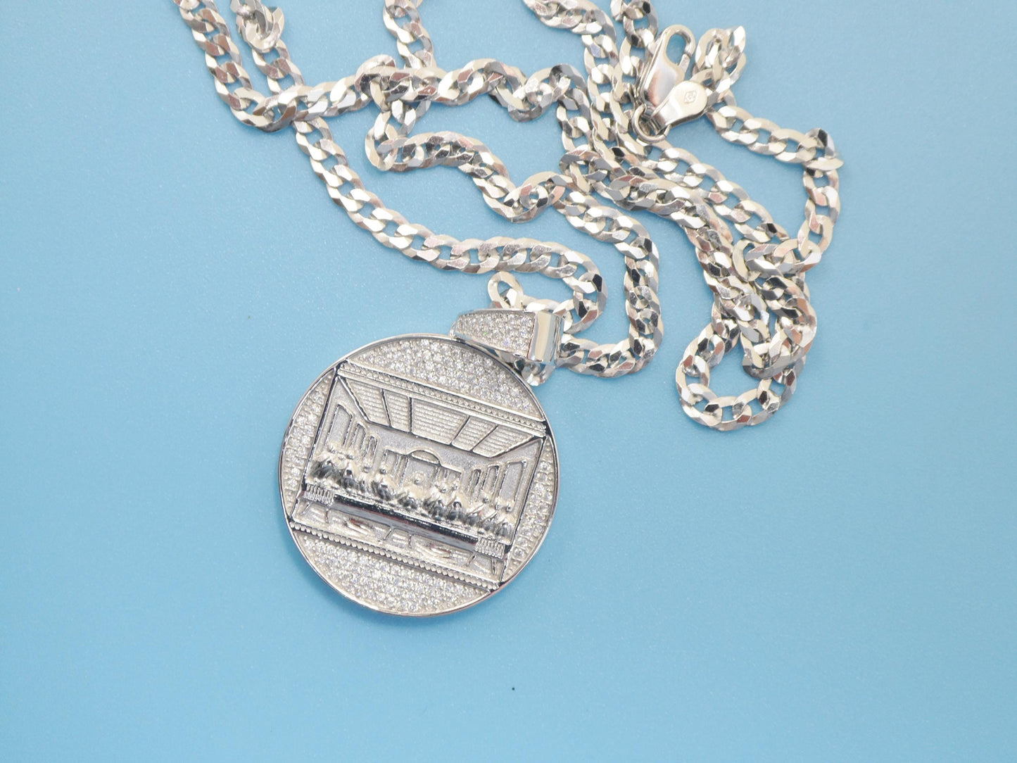 real 925 sterling silver 22 inch flat chain and large last supper pendent charm