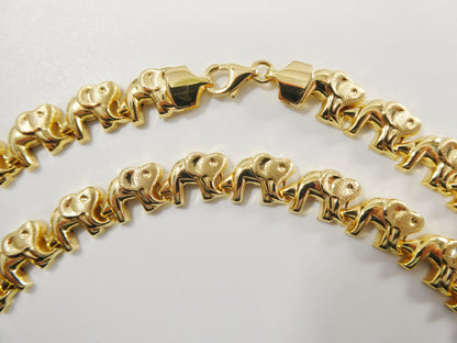 Real 925 Sterling Silver All Yellow Tone Elephant Set Necklace and Bracelet