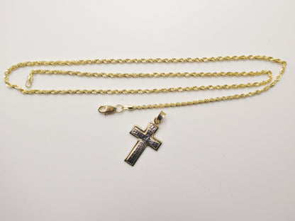 14k Real Solid Yellow Gold Two Tone Cross Pendent and Robe Necklace