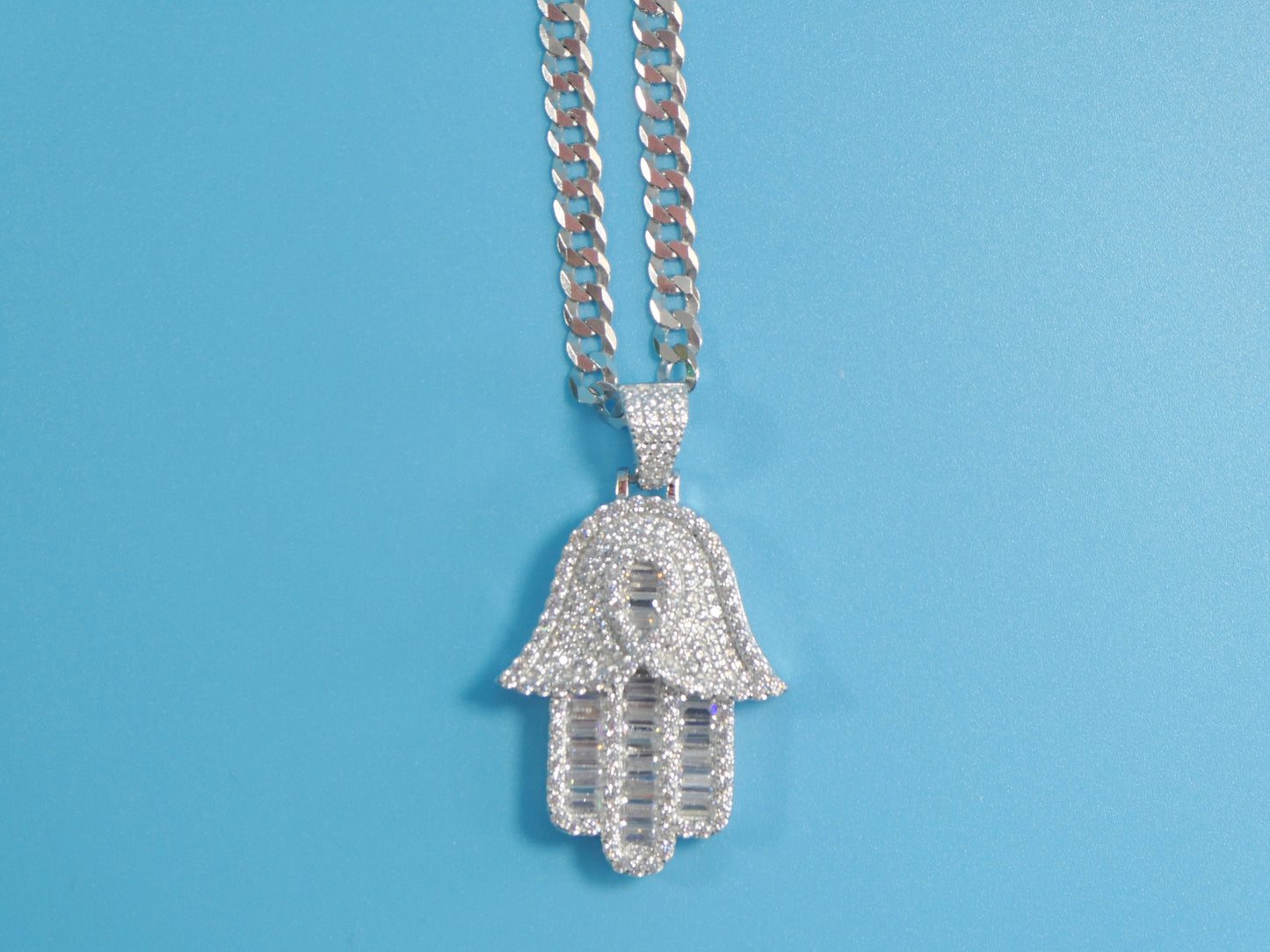 14k white gold color tone chain and large hamsa evil eye charm pendent over real 925 sterling silver