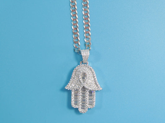 14k White Gold Color Tone Chain and Large Hamsa Evil Eye Charm Pendent Over Real 925 Sterling Silver