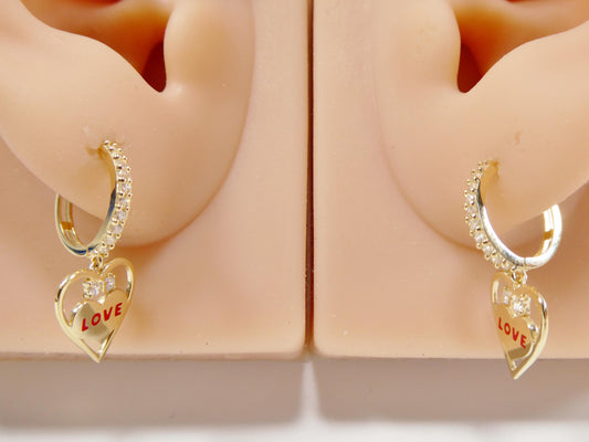 real 10k solid yellow gold heart love dropping huggie earrings