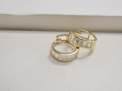 Real 10k Solid Yellow Gold Baguette Huggie Hoop Earrings