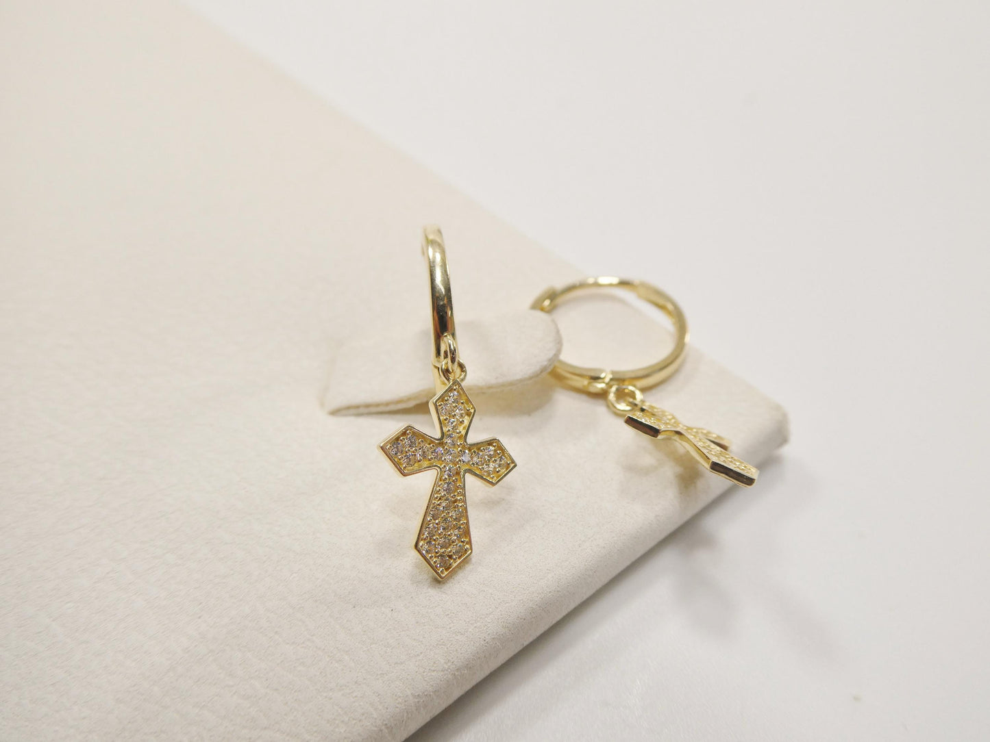 real 10k solid yellow gold cross dropping hoop huggie earring