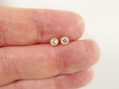 Real 10k Solid Yellow Gold Push Post 3mm Stone Small Stud Earrings