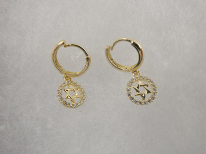 10k Real Solid Gold Star David Dangle On Plain Huggie Fancy Earrings
