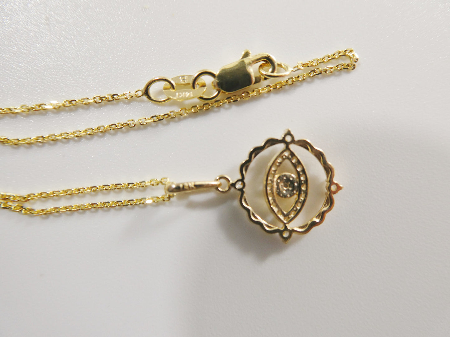 14k real solid yellow gold evil eye pendent and cable necklace