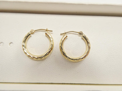 10k Real Solid Yellow Gold 2mm Tube Diamond Cut Hoop Earrings