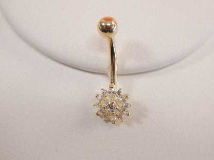 14k Real Solid Yellow Gold Flower Belly Button Ring Piercing