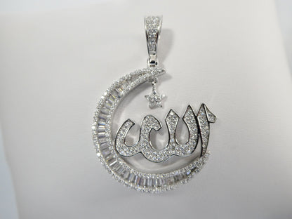 Real 925 Sterling Silver Large Muslim Allah Pendent Baguette Stone Charm