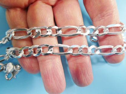 Real 925 Sterling Silver 7.5mm Italian Concave Figaro Solid Chain Lobster Lock Clasp