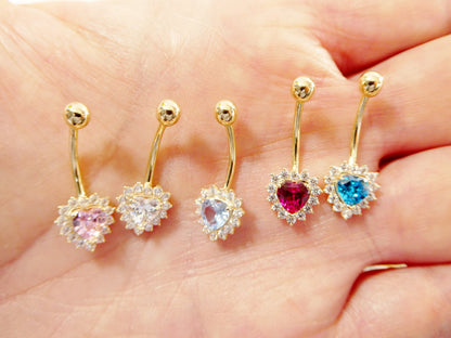 14k Real Solid Yellow Gold Color Stone Heart Belly Button Ring Piercing