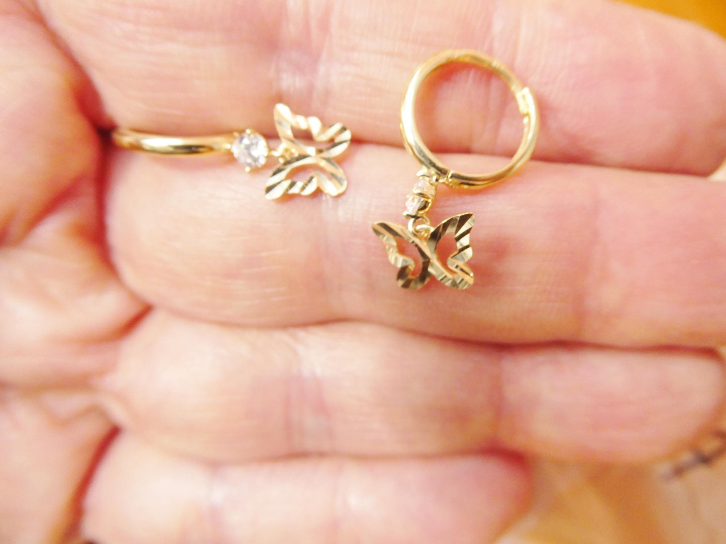 real 10k solid yellow gold butterfly drop hoop huggie earrings