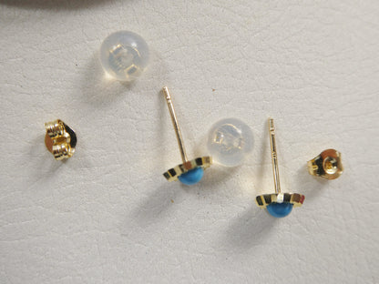 Real 10k Solid Yellow Gold Small Round Turquoise Push Post Stud Earrings