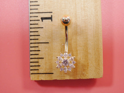14k Real Solid Yellow Gold Flower Belly Button Ring Piercing
