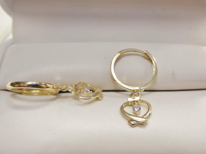 Real 10k Solid Yellow Gold Designer Heart Dangling Hoop Huggie Earrings