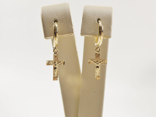 real 10k solid yellow gold hoop huggie dangle cross earring