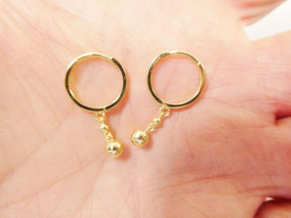 Real 10k Solid Yellow Gold Ball Drop Hoop Huggie Earrings