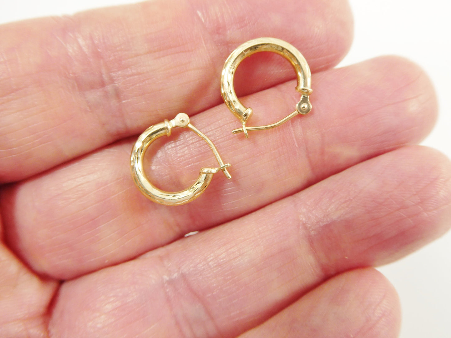 real 10k solid yellow gold diamond cut hoop 12mm tube earrings