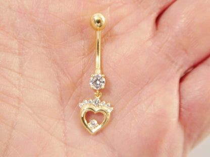 14k Real Solid Yellow Gold Heart Dangling Belly Button Ring Piercing